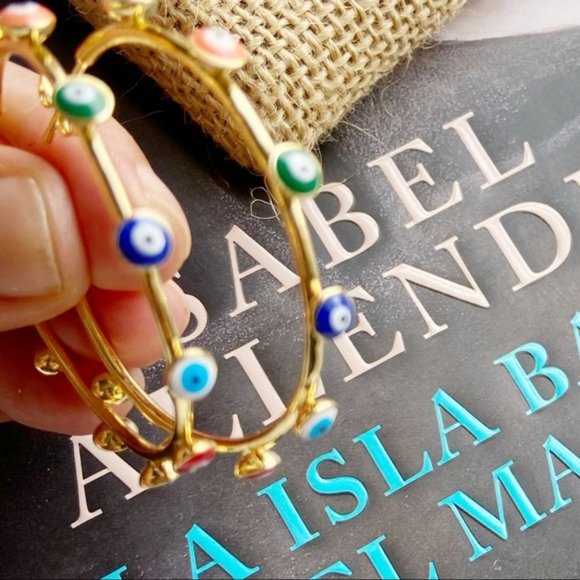 GOLD STATEMENT EYE OF GOD BOHO HOOPS EARRINGS - Picture 4 of 6